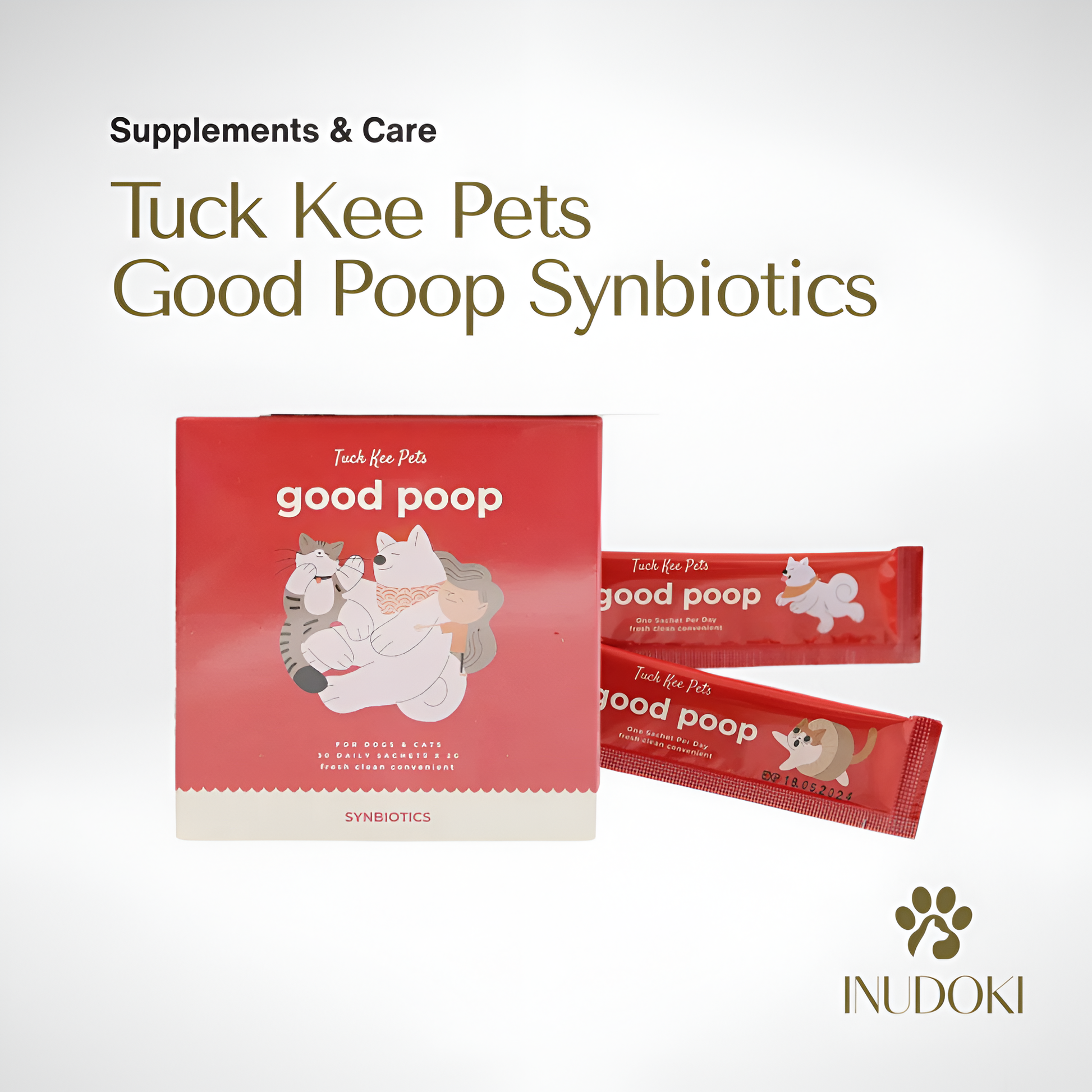 Tuck Kee Pets Good Poop Synbiotics packaging on a light gray background