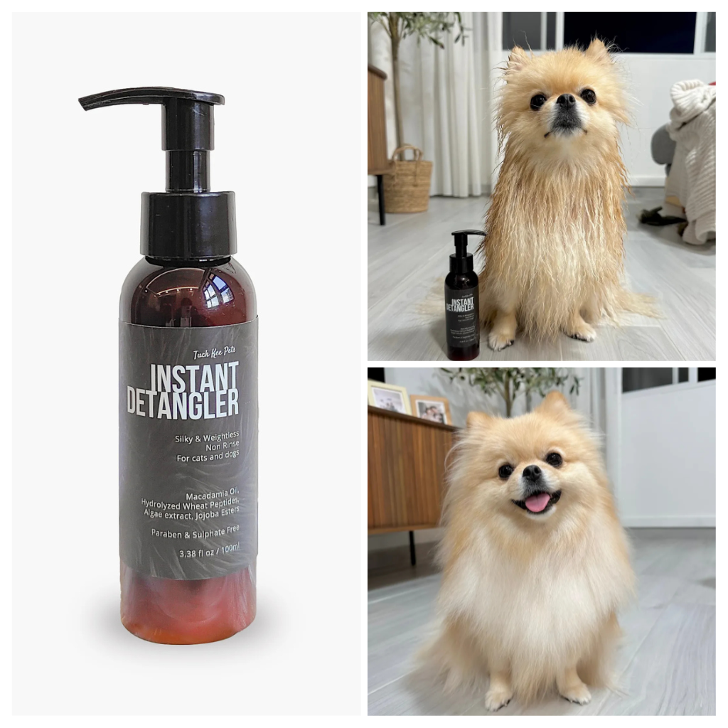 dog grooming product with a dog before and after use